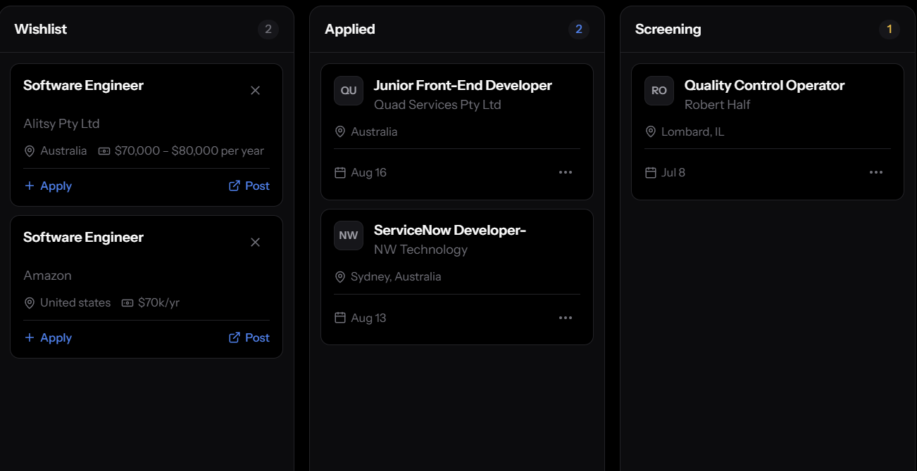 JobProfi wishlist and application board